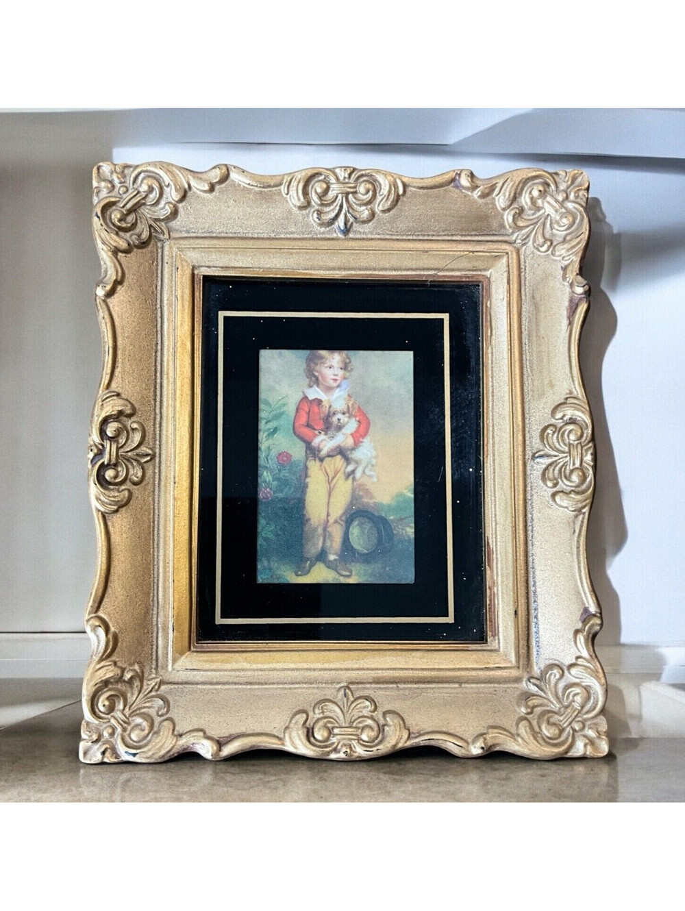 Vintage Small Gold Ornate Framed Art Print Master Simpson & Dog Arthur Devis 6x7